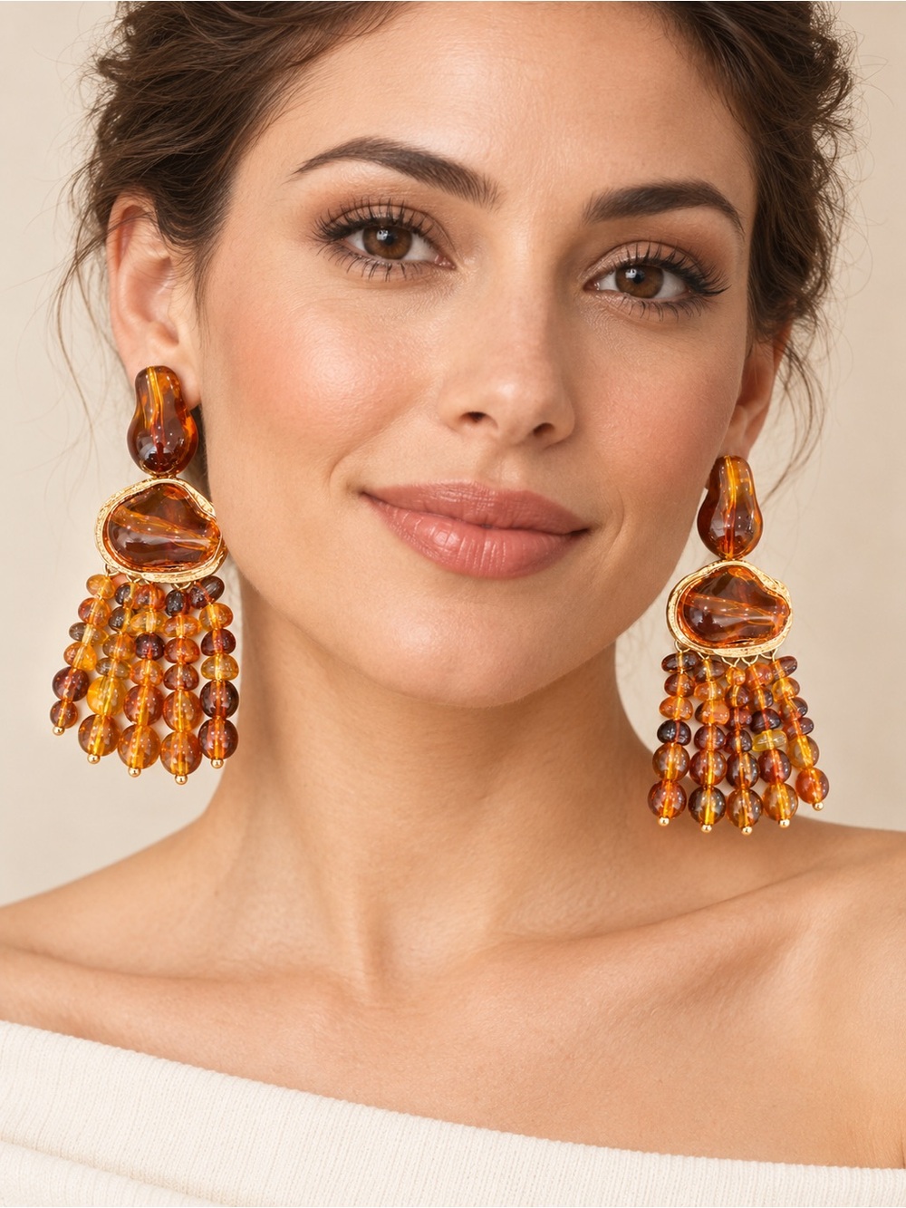 Amber Beaded Tassel Statement Earrings